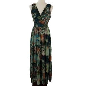 Chris McLaughlin Teal Rust Green Boho Vintage Overlay Maxi Dress Pleated Size 4